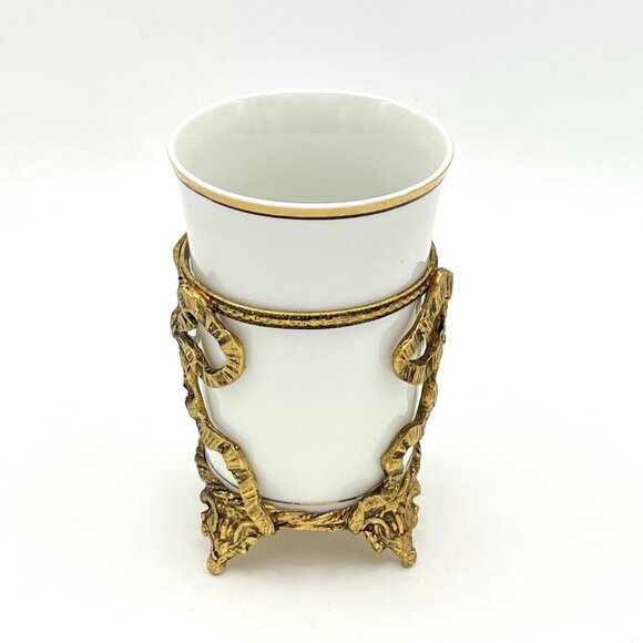 VTG 24K Gold Plated Trim Porcelain Vanity Cup Ormolu Bow Hollywood Regency MCM - Picture 2 of 8